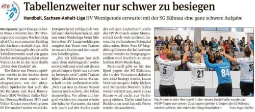 Volksstimme Vorbericht zum Spiel der 1. Mannschaft am Samstag 21.11.15